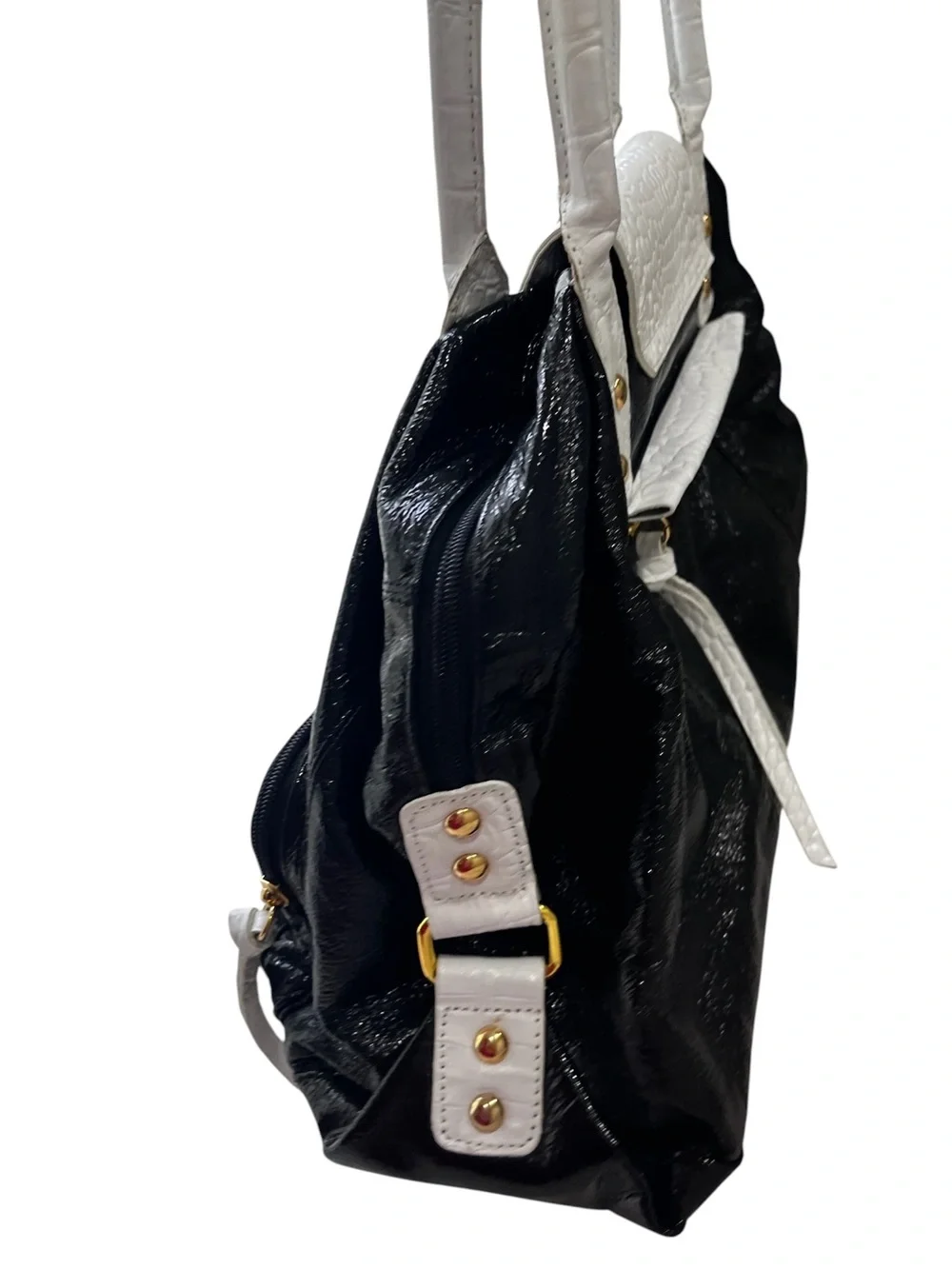 Sharif Studio Black White Faux Croc Patent Large Satchel Bag w/ Gold Hardware